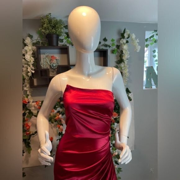 Strapless Asymmetrical Corset Satin Evening Dress One shoulder Red M RfI036-2 - Picture 3 of 11